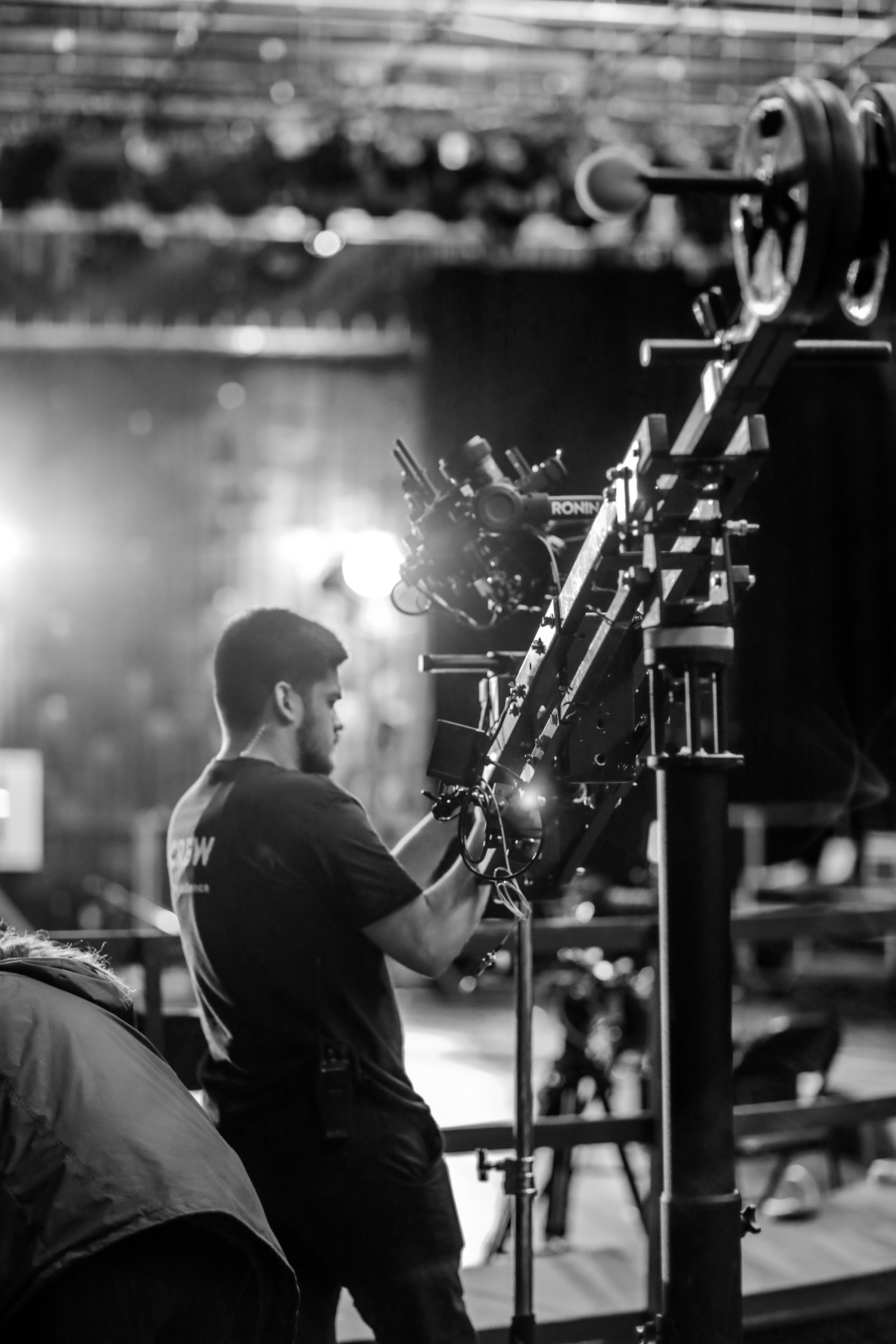 Javi operating a camera jib on the set of A Tiny Audience Season 1 for HBO